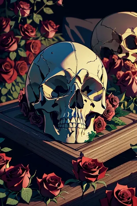 (masterpiece, 8k, 4k, super detailed, higres, accurate, best quality), (skull lying on a bed of roses:1.3), blood coming out of eye sockets like tears
