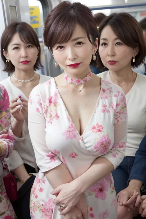 Beautiful and mature 55 year old Japanese woman, Married women, Fine Lines, Long eyelashes, Glowing Eyes, Short Bob Haircut, (choker), (Deep Red Lipstick), elegant, Slim figure, Rosy Cheeks, Pearl Necklace, Earrings, Cute Smile, ((Summer clothes with flora...