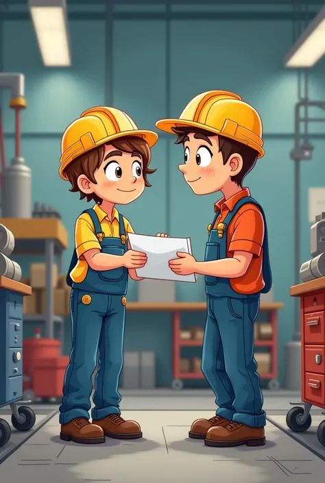 Cartoon young engineers enjoying doing industrial maintenance giving instructions to mechanics