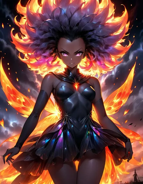 Una preto dark girl Vegeta sexy + Glowing afro girl fluttering between bright dark flames and iridescent vagalumes under a terrifying, dark, and fiery sky. [Image of a glowing fairy between black fog and iridescent lights]