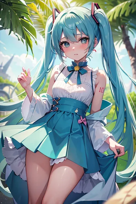 miku hasune, work of art, best qualityer, 1 girl, blush, water eyes, cloused mouth, aretes, ha, hoop aretes, jewerly, looking ahead at viewer, chemise, simple background, standing alone, trunk, yellow chemise, blue skirt 