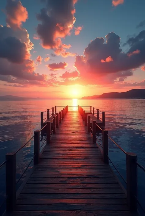 evening、The sea, sky and sunset seen from the pier、Real、Sharp details