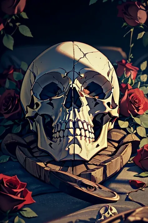 (masterpiece, 8k, 4k, super detailed, higres, accurate, best quality), (skull lying on a bed of roses:1.3), blood coming out of eye sockets like tears, skull crying blood, (eye sockets bleeding:1.7)
