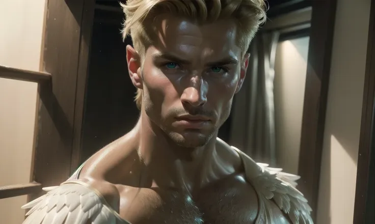 [((highly detailed, detailed eyes, detailed face, clear and realistic facial features, photorealistic, realistic light, cinematic, face and upper chest shown)), (1 man), (((((Gorgeous perfect sexy powerful masculine male angel))))), (((one pair of large wi...