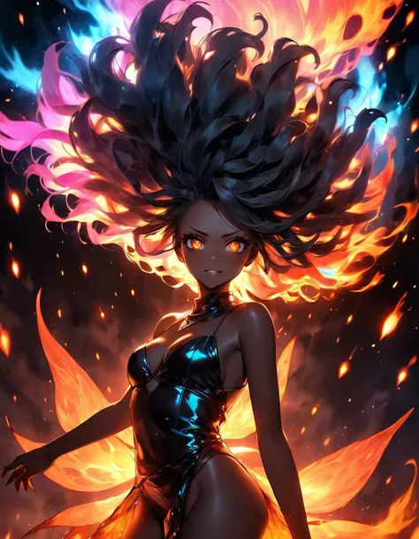 Una preto dark girl Madara sexy + Glowing afro girl fluttering between bright dark flames and iridescent vagalumes under a terrifying, dark, and fiery sky. [Image of a glowing fairy between black fog and iridescent lights]