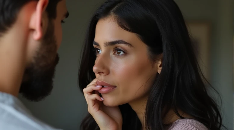 young woman with dark hair, back to back, talking to a man