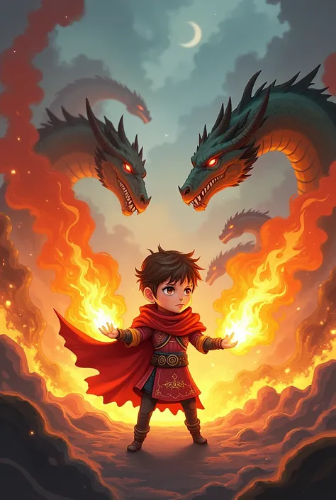 Fire mage fighting dragons chibi style