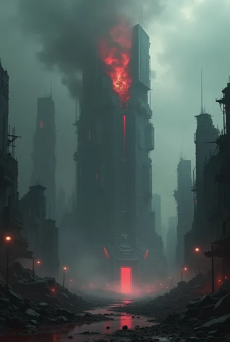 Make a book cover of a post-apocalyptic place with ruins of a futuristic city with destroyed buildings and smoke mixed with blood coming out with a ,black sky.