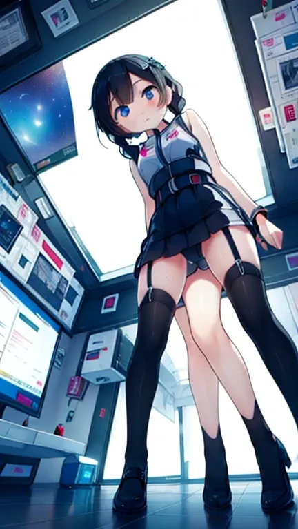 (Highest quality), (masterpiece), 1080P, High resolution, 4K, 8k, Inside the space station、Futuristic room、Thigh straps, Shooting from directly below, The woman on top of me, 白いSweat, Covered , Sweat, Woman looking down, Skirt swimsuit, Thigh-high socks, T...