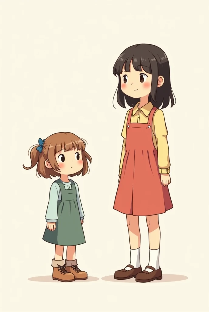 two girls a 7 year old girl named Emma with short light brown hair with straight bangs , and another 14-year-old girl named Angelica with medium-long hair and curtain-cut bangs. Angleica is taller than the two in a simple stick-like drawing format., animat...