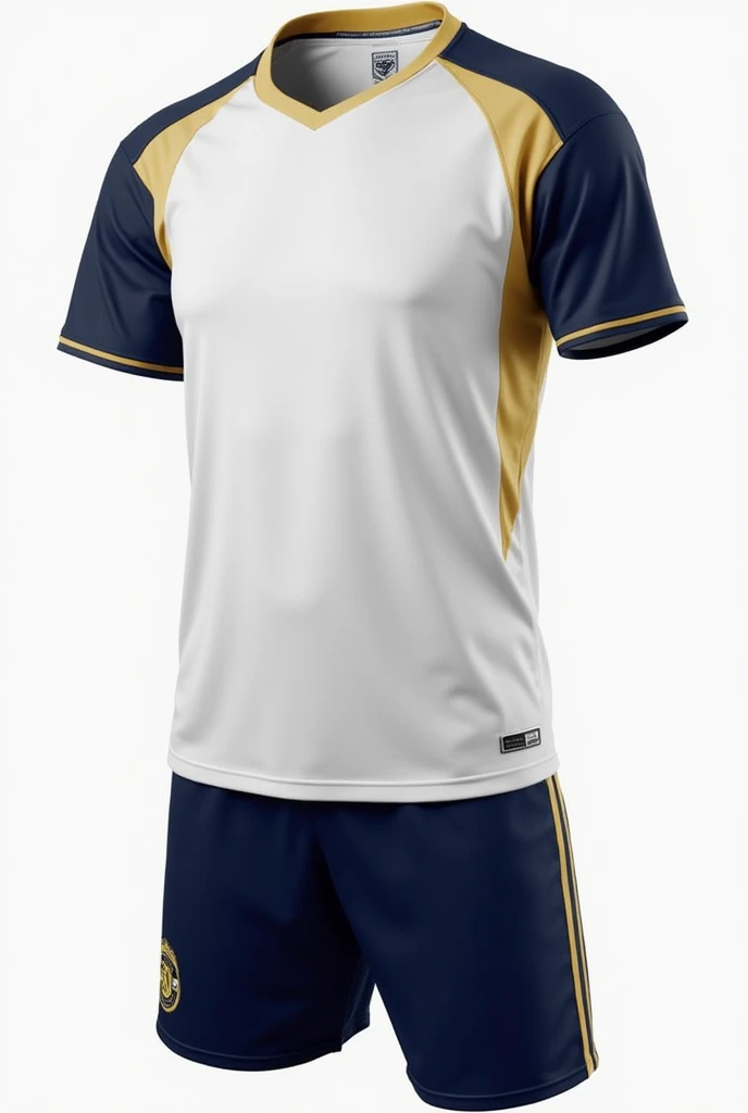 Make a beautiful soccer uniform, marvelous. The shorts are navy blue and the t-shirt is white with gold and navy blue details.