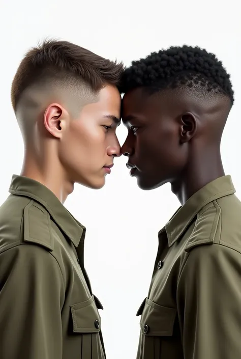 crie uma imagem com fundo branco. Two young men around 18 years old in army uniform, military haircut, one with white skin and the other black. The two must be close to each other, head to head. Emphasizing that the black boy is stronger.