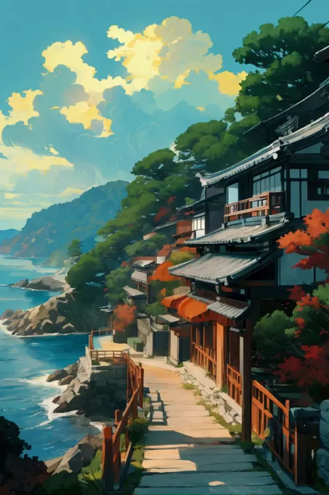 peaceful scene on a coastal road, probably in a rural Japanese setting Setting : A sloping road down to the sea, with a security fence on the left and a green hill on the right. Side view angle Ambiance : The sky is clear and the ocean is a deep blue, crea...