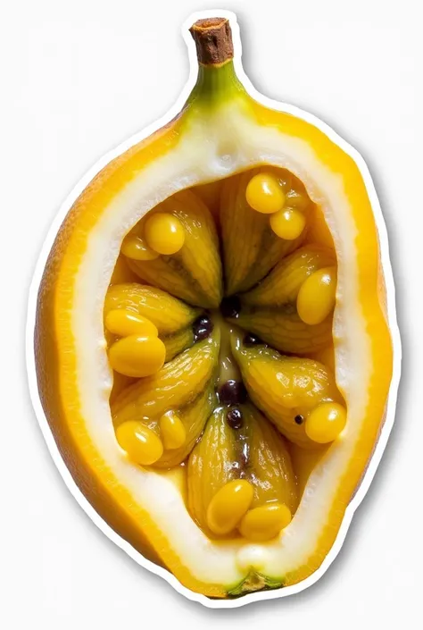 Sticker sheet with yellow passion fruit opened with seeds in a more realistic photo