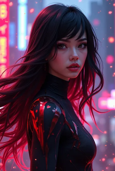 Spiderverse style, with long black hair with red highlights 