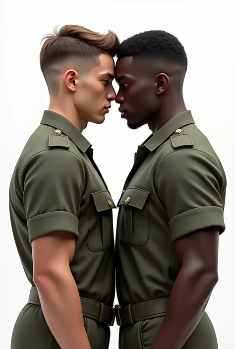 crie uma imagem com fundo branco. Two young men around 18 years old in army uniform, military haircut, one with white skin and the other black. The two must be close to each other, head to head. Emphasizing that the black boy is stronger in terms of muscle...