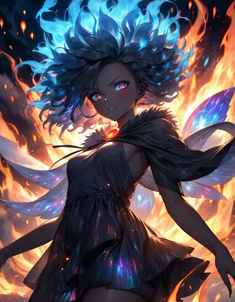 Una preto dark girl Madara sexy + Glowing afro girl fluttering among bright blue flames and iridescent vagalumes under a terrifying, dark, and fiery sky. [Image of a glowing fairy between black fog and iridescent lights]