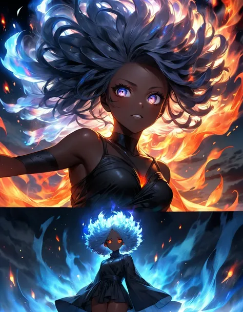 Una preto dark girl Madara sexy + Glowing afro girl fluttering among bright blue flames and iridescent vagalumes under a terrifying, dark, and fiery sky. [Image of a glowing fairy between black fog and iridescent lights]