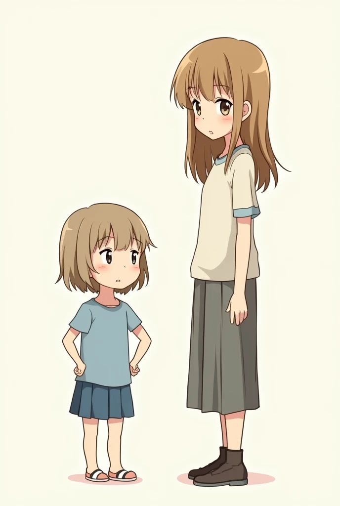 two girls a 7 year old girl named Emma with short light brown hair with straight bangs , and another 14-year-old girl named Angelica with medium-long hair and curtain-cut bangs with light brown hair. Angelica is taller than the two in a simple drawing form...