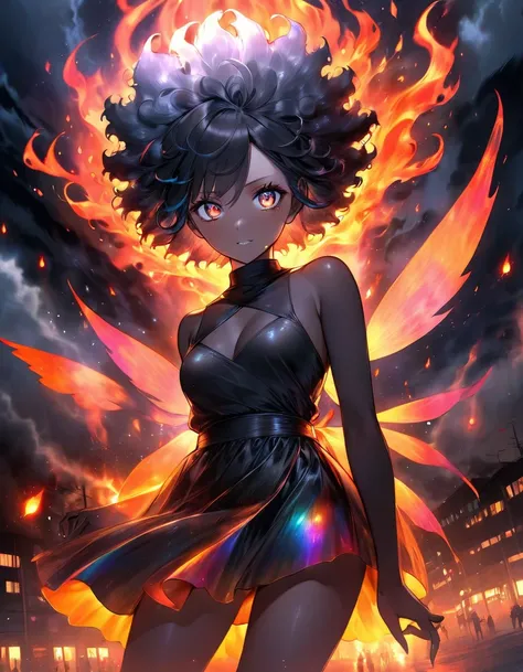 Una preto dark girl Boruto sexy + Glowing afro girl fluttering between bright dark flames and iridescent vagalumes under a terrifying, dark, and fiery sky. [Image of a glowing fairy between black fog and iridescent lights]