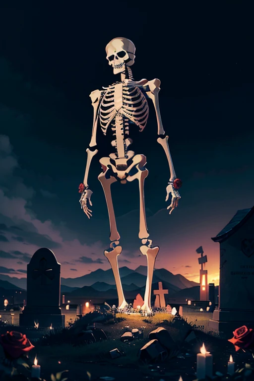 masterpiece, ccurate, anatomically correct, super detail, highres, best quality, award winning, (skeleton standing in front of a single grave, holding a rose in his hand, mountain by the seacoast, midnight, dark sky, rain, moonlight cast on the grave), 1 s...