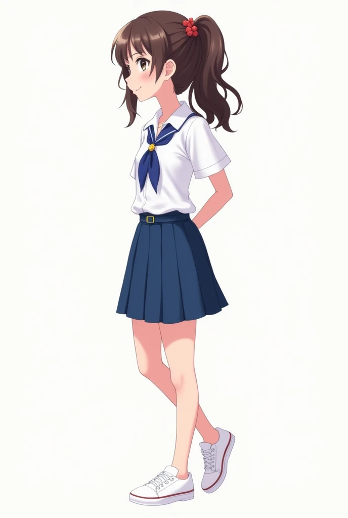 girl with scholar uniform white shirt, blue skirt and white sneakers
clipart
