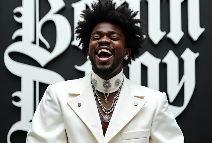 Afro male in a white Gothic outfit singing with the word Benin Boy boldly written on the Background