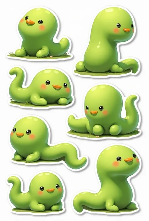 Set of stickers: Green fat worms in various poses