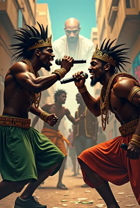 African Orishas in Hip Hop clothing with microphones in hand battle rhyme (Tupac Shakur in the background )
