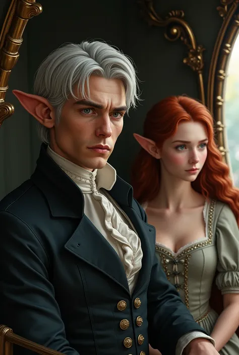 Stern-faced male elf, Platinum hair and dark Pride and Prejudice-style clothing, sitting in a carriage in front of a sad young red-haired female elf.