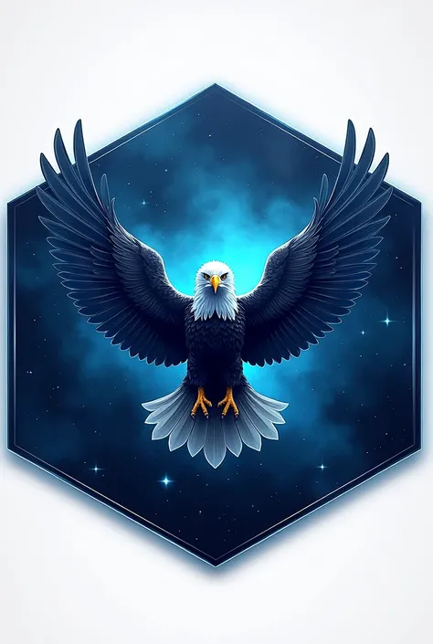 Can you make me a promotional logo with an eagle, featuring celestial and blue colors, shaped like a hexagon?