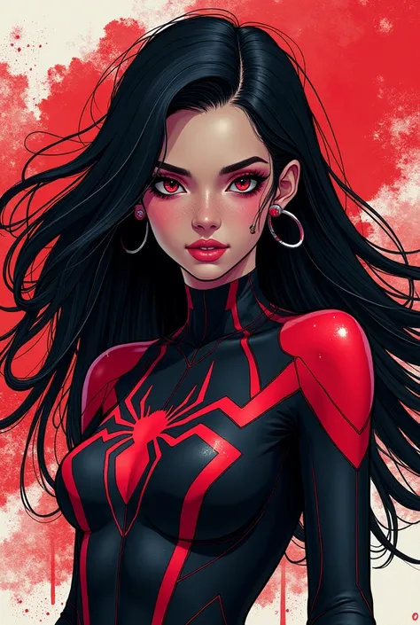 Spiderverse style comic book drawing, with long black hair with red highlights and a piercing  