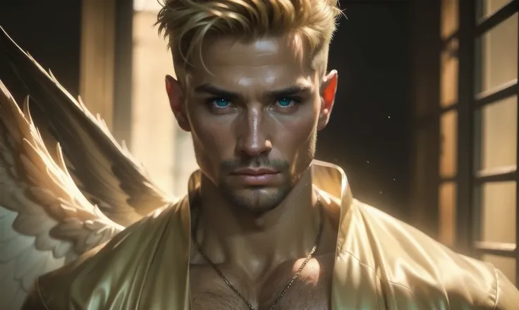 [((highly detailed, detailed eyes, detailed face, clear and realistic facial features, photorealistic, realistic light, cinematic)), (1 man), (((((Gorgeous perfect sexy powerful masculine male angel))))), (((one pair of large wings, showing both wings))), ...