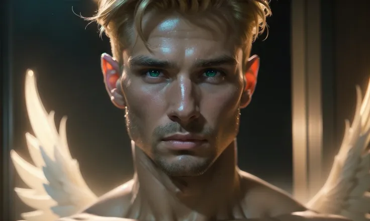 [((highly detailed, detailed eyes, detailed face, clear and realistic facial features, photorealistic, realistic light, cinematic)), (1 man), (((((Gorgeous perfect sexy powerful masculine male angel))))), (((one pair of large wings, showing both wings))), ...