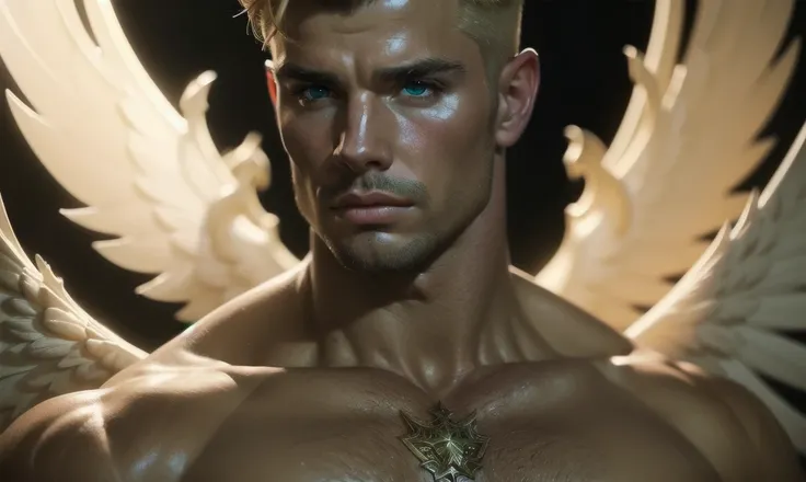 [((highly detailed, detailed eyes, detailed face, clear and realistic facial features, photorealistic, realistic light, cinematic)), (1 man), (((((Gorgeous perfect sexy powerful masculine male angel))))), (((one pair of large wings, showing both wings))), ...