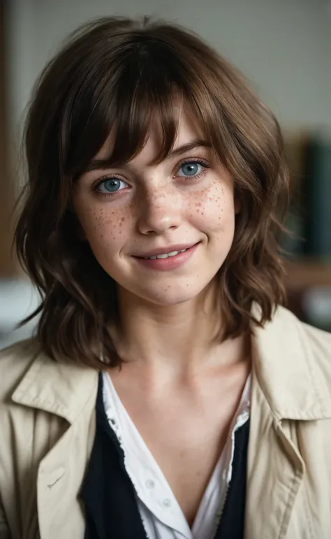 (close-up, editorial photograph of a 21 year old woman), (highly detailed face:1.4) (smile:0.7) (background inside dark, moody, private study:1.3) POV, by lee jeffries, nikon d850, film stock photograph ,4 kodak portra 400 ,camera f1.6 lens ,rich colors, h...