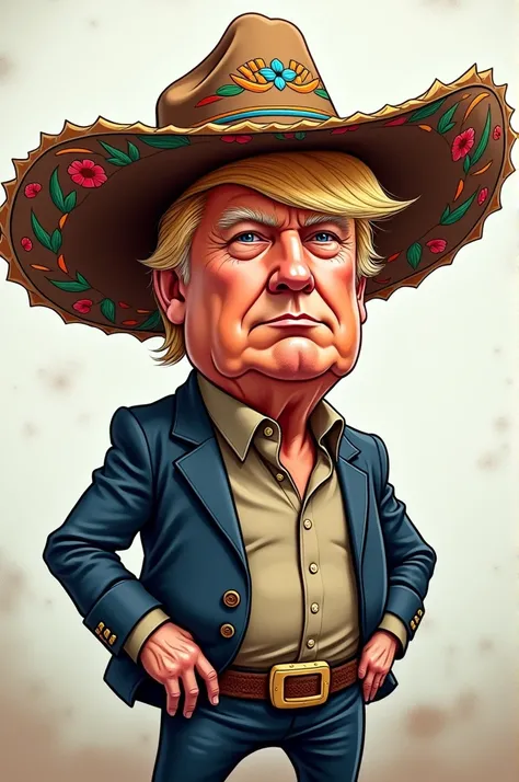 Create an image of a cartoon of Donald Trump wearing a cangaceiro hat. 