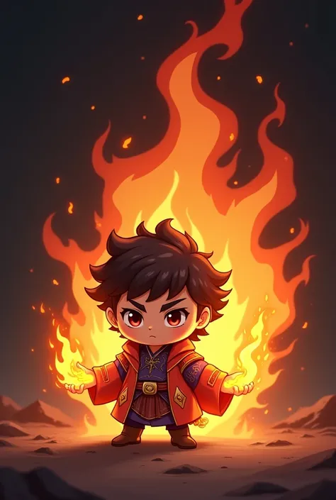 Chibi style fire mage with black background