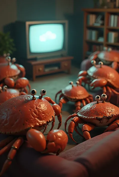 Create an image where many crabs are in a room watching the television. 