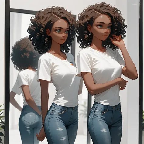 just a woman with dark skin and curly hair, jeans and white t-shirt looking in the mirror, Render cartoon character art