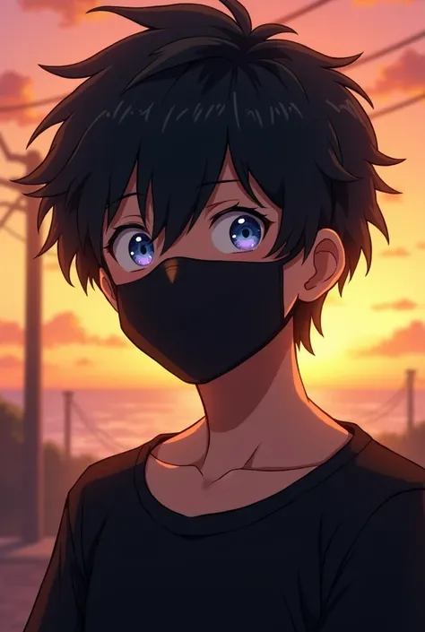 A 13 year old boy, messy medium black hair, blue eyes with violet discoloration, half pale, smiling innocently, with a black shirt and a black face mask at sunset, Anime in the style of Boku no hero academia