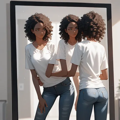 a single woman with dark skin and curly hair, jeans and white t-shirt looking in the mirror, Render cartoon character art