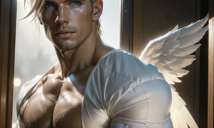 [((highly detailed, detailed eyes, detailed face, clear and realistic facial features, photorealistic, realistic light, cinematic)), (1 man), (((((Gorgeous perfect sexy powerful masculine male angel))))), (((one pair of wings, both wings showing behind his...