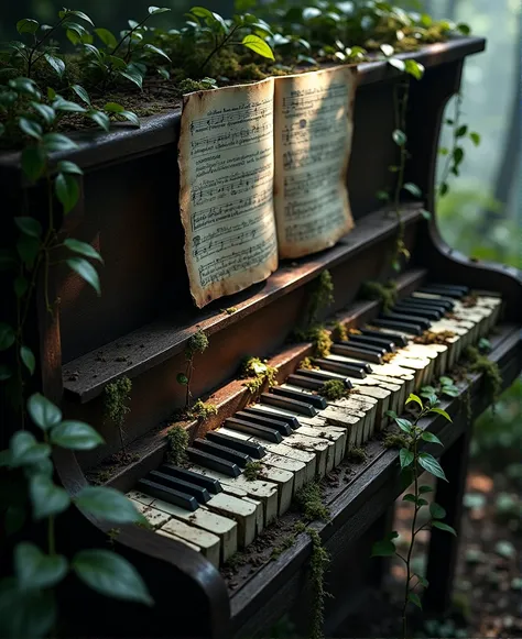 poetic image of a destroyed piano keyboard abandoned to nature