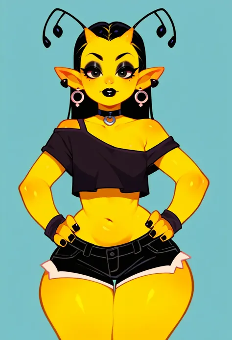 score_9, score_8_up, score_7_up, 1girl, solo,  princessmandie, yellow skin, pointy ears, antennae, makeup, earrings, single bare shoulder, gothic, black lips, crop top, shorts, wide hips, midriff, black nails, black choker, hands on own hips,