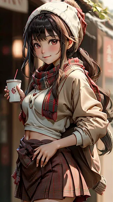 One girl, 紅leaf, bangs, Black Hat, Blurred Background, blush, Brown eyes, Brown Hair, brown scarf, brown skirt, cardigan, coffee, Cowboy Shot, cup, disposable cup, drink, 落ちleaf, Beanie, Holding, Holding drink, leaf, Long Hair, Long sleeve, View your viewe...