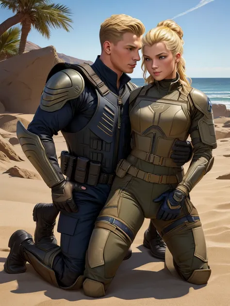 leyendecker style illustration of a blonde navy seal making love to a girl. he is dressed in a kevlar body armor, the girl is kn...