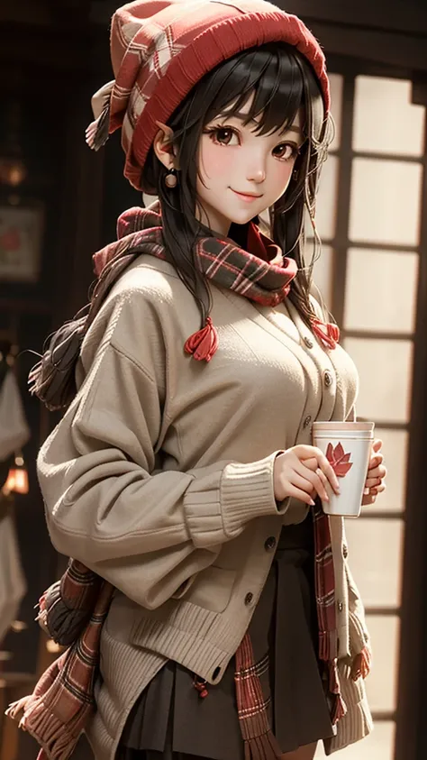 One girl, 紅leaf, bangs, Black Hat, Blurred Background, blush, Brown eyes, Brown Hair, brown scarf, brown skirt, cardigan, coffee, Cowboy Shot, cup, disposable cup, drink, 落ちleaf, Beanie, Holding, Holding drink, leaf, Long Hair, Long sleeve, View your viewe...