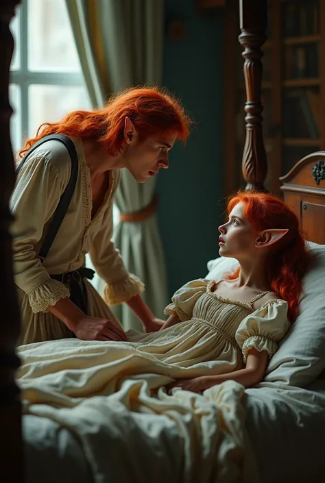 Stern faced male elf wearing Victorian nightwear glares at a frightened young red haired female elf wearing a Victorian nightgown lying on a four poster bed.