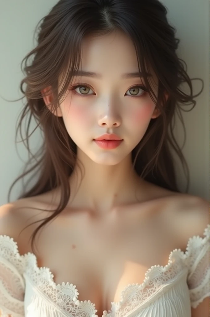 Young girl with light eyes, Chinese brown hair, big breasts